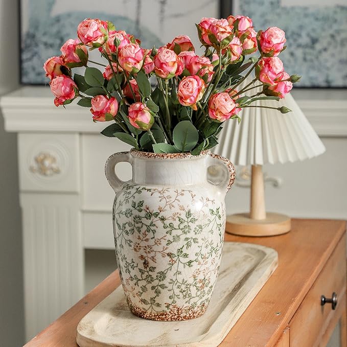 Enra Farmhouse Vintage vase with Handle,9.4 in Ceramic Chinoiserie Floral Vase,Green and Beige Decorative Flower vase,Large Rustic Vases for Home Decors, Living Room, Bookshelf, Office-VerdiqueGarden