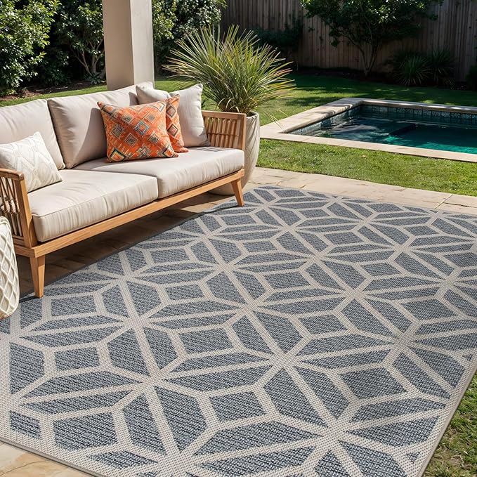 Rugshop Contemporary Geometric Design for Patio Rugs,Deck Rugs,Balcony Rugs Indoor/Outdoor Area Rug 5' x 7' Blue-VerdiqueGarden