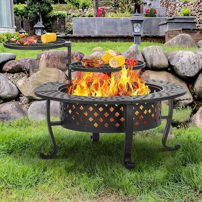 42 Inch Fire Pit with 2 BBQ Grills, Wood Burning Fire Pits for Outside with Lid & Fire Poker, BBQ& Outdoor Firepit & Round Metal Table 3 in 1 for Patio, Picnic, Party-VerdiqueGarden