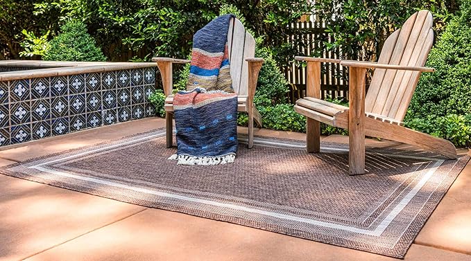 Unique Loom Outdoor Border Collection Area Rug - Soft Border (7' 1" x 10' Rectangle, Brown/ Ivory)-VerdiqueGarden