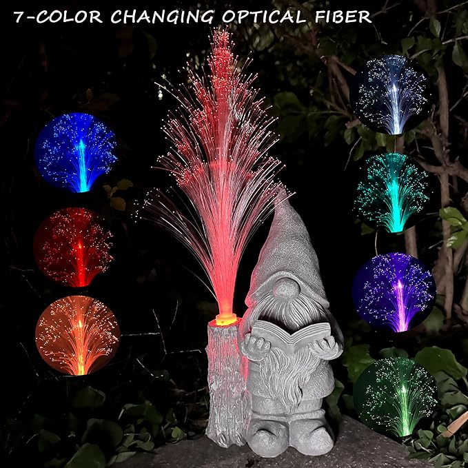 Gnomes Statue Solar Garden Decor,Resin Gnome Statues and Colour Changing Optical Fiber Solar Lights,Outdoor Decoration for Balcony, Garden, Patio, Yard, Lawn, Gifts for Mom Grandma-VerdiqueGarden