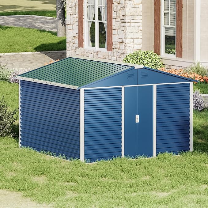 Metal Outdoor Storage Shed 10FT x 10FT, Steel Utility Tool Shed Storage House with Sliding Door, Metal Sheds Outdoor Storage for Backyard Garden Patio Lawn, Blue-VerdiqueGarden