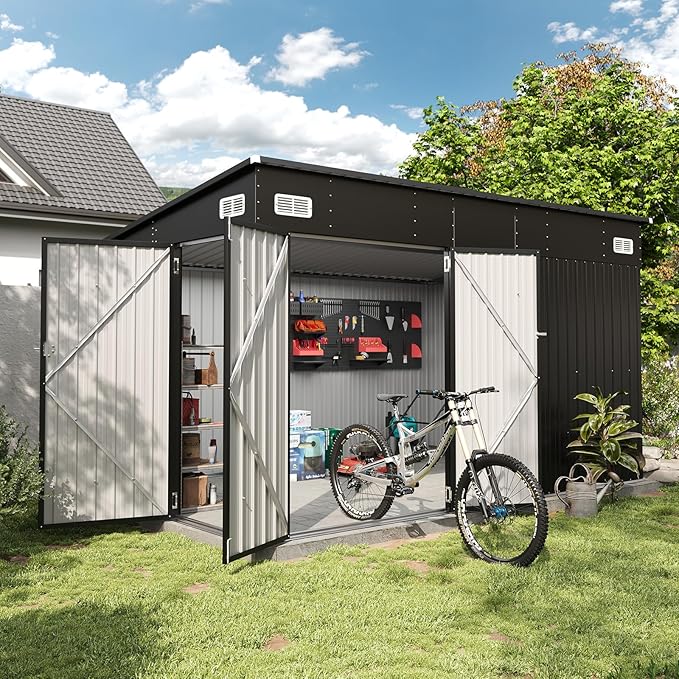 Aoxun 12' x 7.3' Shed 441 CU.FT Outdoor Waterproof Storage Shed with Triple Lockable Door Garden Metal Tool Shed for Outside (Black)-VerdiqueGarden
