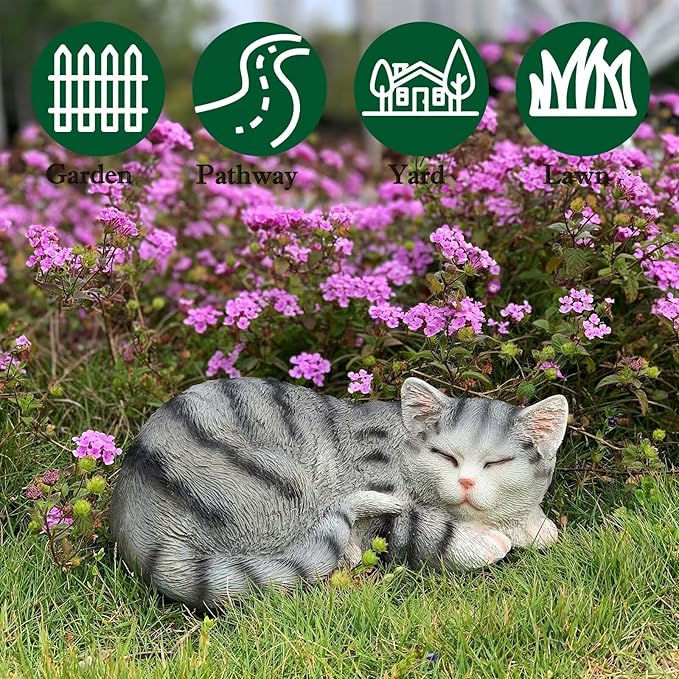 Cat Figurines Outdoor Statue Garden Decor, Cat Statue Garden Statues Outdoor Clearance for Patio, Lawn Decoration, 11.5" Larger Grey Sleeping Cat Statue for Indoor Table Accessory, Cat Gift for Mom-VerdiqueGarden