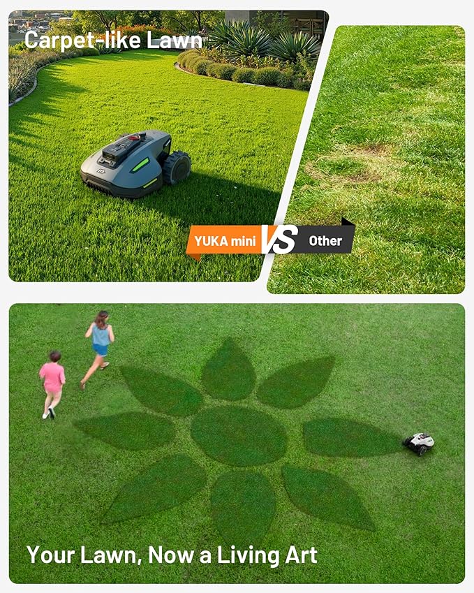 YUKA Mini 700H Robot Lawn Mower, Reception 0.17 Acre, Max.0.27 Acre, Ultrasense AI Vision+ RTK Positioning, Auto Mapping, App Control, 50% Slope, Cutting Height 2''~3.5'', 15 Mowing Zones-VerdiqueGarden