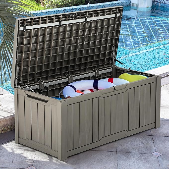 YITAHOME 120 Gallon Outdoor Storage Deck Box with Cushion, Large Resin Patio Storage for Outdoor Pillows, Garden Tools and Pool-Supplies, Waterproof, Lockable (Taupe)-VerdiqueGarden