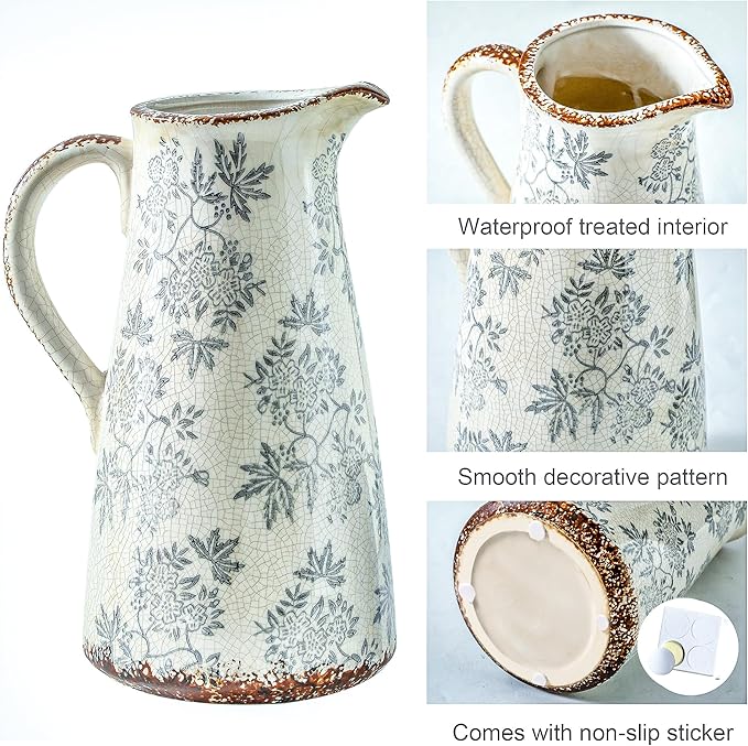 Enra Blue and White vase with Handle,12.2 inch Ceramic Vintage Decorative Flower Pitcher vase, Chinoiserie Floral Vase,Large Rustic Vases for Home Decors, Living Room, Bookshelf, Office-VerdiqueGarden