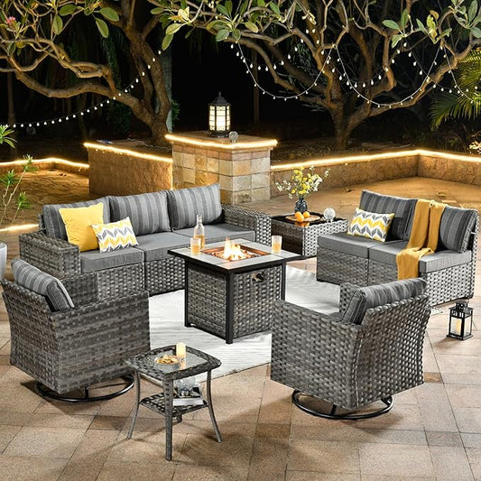 HOOOWOOO 10 Piece Modular Patio Outdoor Sectional Furniture Set with Gas Propane Fire Pit Table,Wicker Conversation Sofa Set with Swivel Chairs,Outside Couch Set(Grey Stripes)