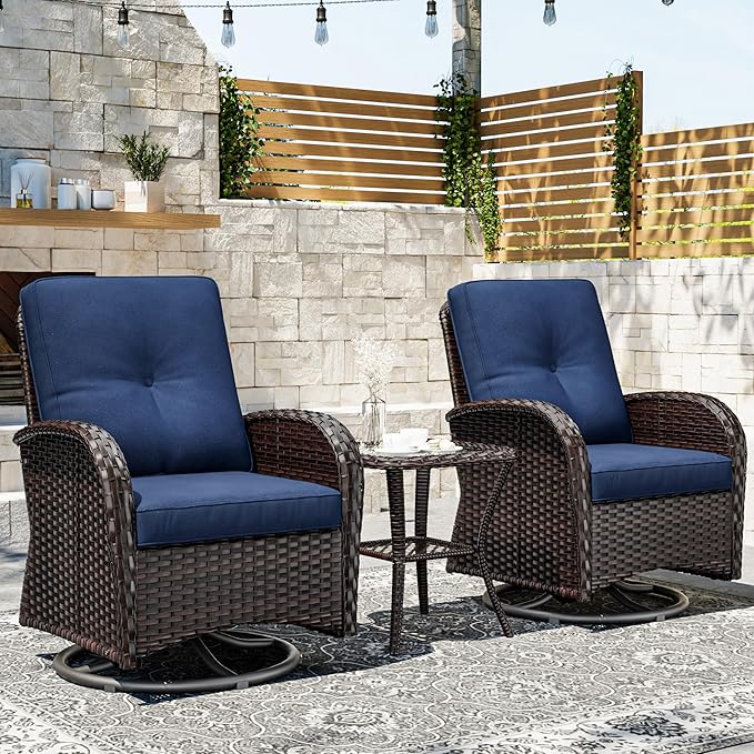 Joyside Outdoor Swivel Rocker Chairs, 3 Piece Wicker Patio Set with Thick Cushion and Side Table, Rattan Patio Swivel Rocking Chairs for Porch, Deck Use (Brown/Blue, 3 PCS)-VerdiqueGarden