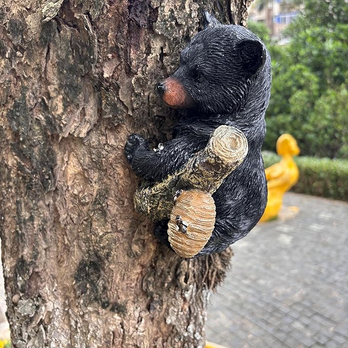 Black Bear Cub Tree Hugger Decor Outdoor Sculpture, Baby Bear Hanging Up a Tree Statue Garden Peeker, Adorable Cute Resin Tree Hugger Bear Face for Gifts and Garden Decor-VerdiqueGarden