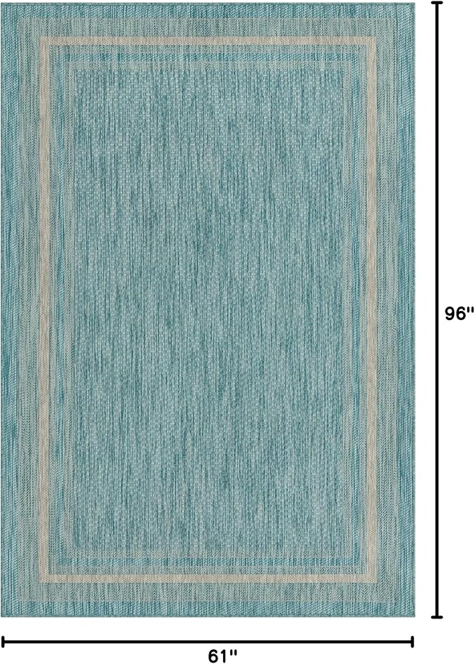 Unique Loom Outdoor Border Collection Area Rug - Soft Border (5' 1" x 8' Rectangle, Aquamarine/ Ivory)-VerdiqueGarden