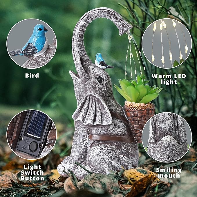 Solar Elephant Watering Effect LED Lights Garden Statue, Outdoor Garden Decor for Lawn, Balcony, Yard, Gifts for Mom, Grandma, Wife-VerdiqueGarden