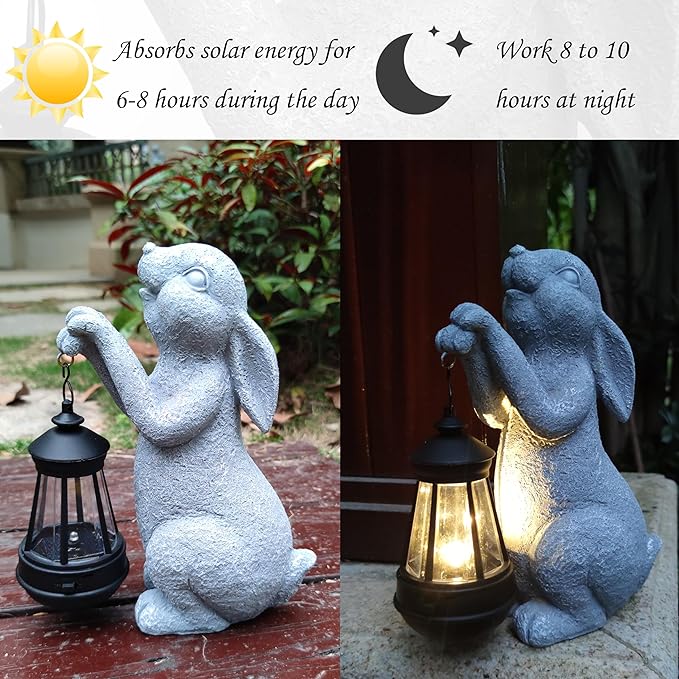 Rabbit Solar Garden Statues,Resin Rabbit Figurine Decorations with Solar Lights Lantern, Outdoor Figurines Lawn Garden Statue Decor Art for Lawn,Yard, Balcony Ornament.-VerdiqueGarden