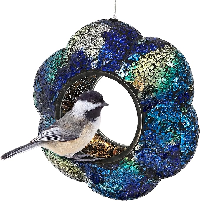 Sunnydaze 10-Inch Glass Mosaic Hanging Bird Feeder for Outdoors - Fly-Through Wild Bird Feeder - Indigo Flower Mosaic-VerdiqueGarden