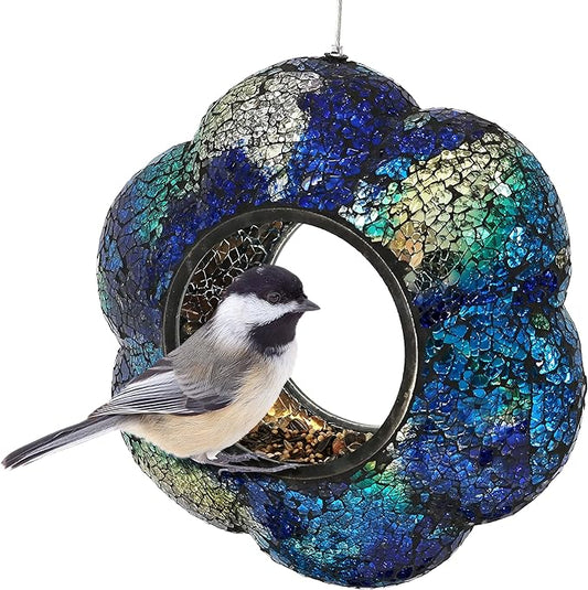 Sunnydaze 10-Inch Glass Mosaic Hanging Bird Feeder for Outdoors - Fly-Through Wild Bird Feeder - Indigo Flower Mosaic-VerdiqueGarden