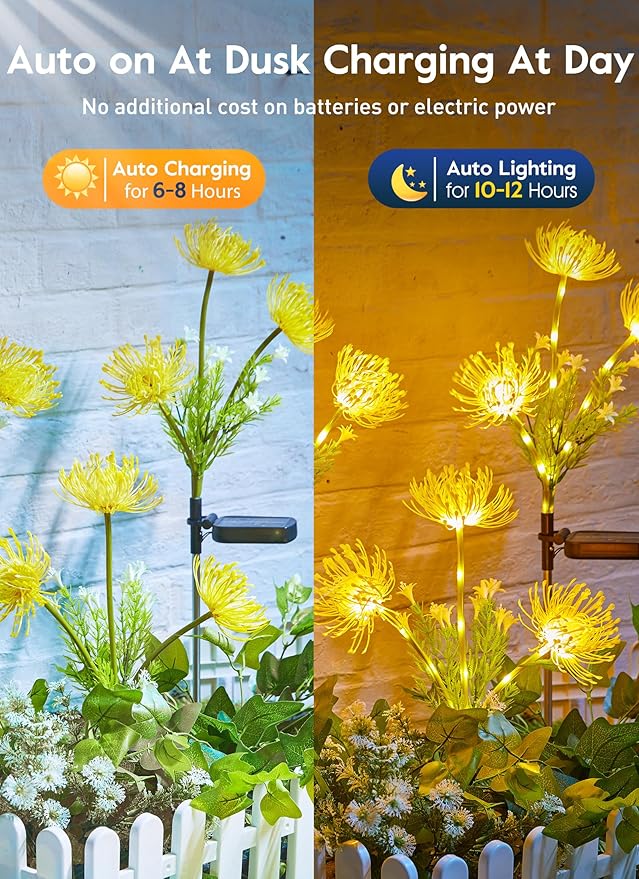 Brightown Outdoor Solar Garden Lights - 4 Pack LED Solar Flower Lights with Glowing Flowers & Stems, More Realistic, Bigger Solar Panel, Waterproof Solar Lights for Outside Yard Patio Home, Yellow-VerdiqueGarden