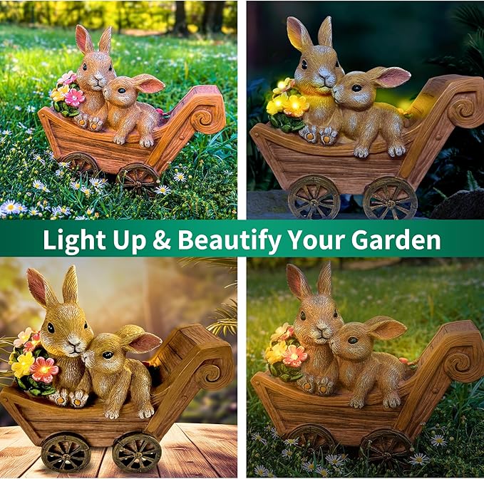 Bunny Solar Garden Statues, Rabbit Decor & Yard Ornaments, Cute Garden Decor for Outside, Gifts for Moms, Solar Figurines Outdoor Statue, Gardening Gifts for Women, Bunnies Ornament - Medium-VerdiqueGarden