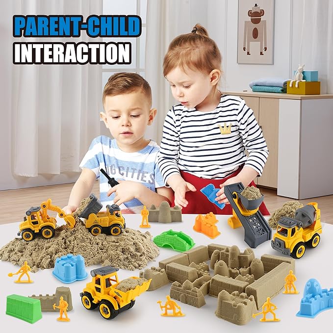 Construction Sandbox with Lid - 4 Vehicles with 1 Conveyor, 8 Castle Molds, 6 Figures & 3lbs Moldable Sand - Preschool Sensory Bin for Fine Motor Skills, Ages 3-6-VerdiqueGarden