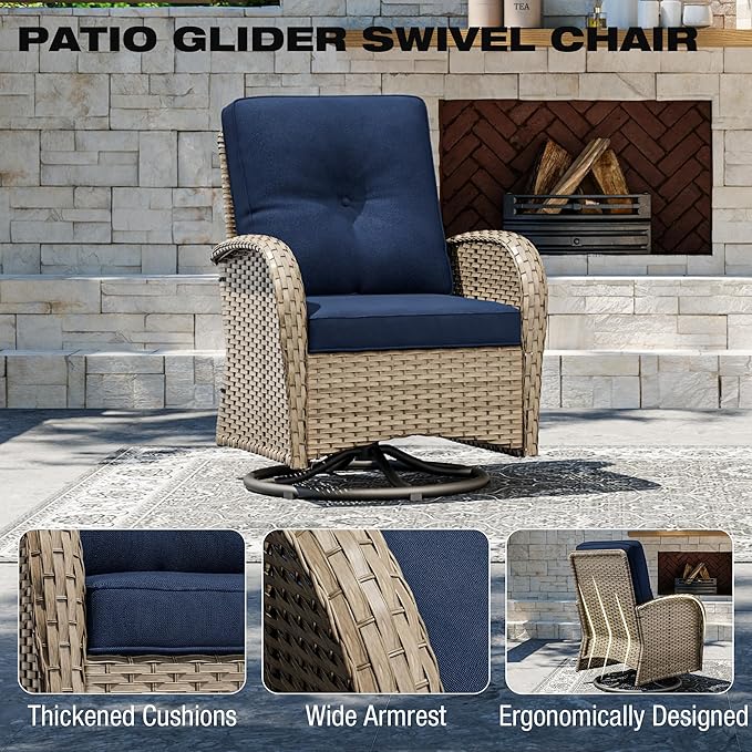 Joyside Outdoor Swivel Rocker Chairs, 3 Piece Wicker Patio Set with Thick Cushion and Side Table, Rattan Patio Swivel Rocking Chairs for Porch, Deck Use (Natural/Blue, 3 PCS)-VerdiqueGarden