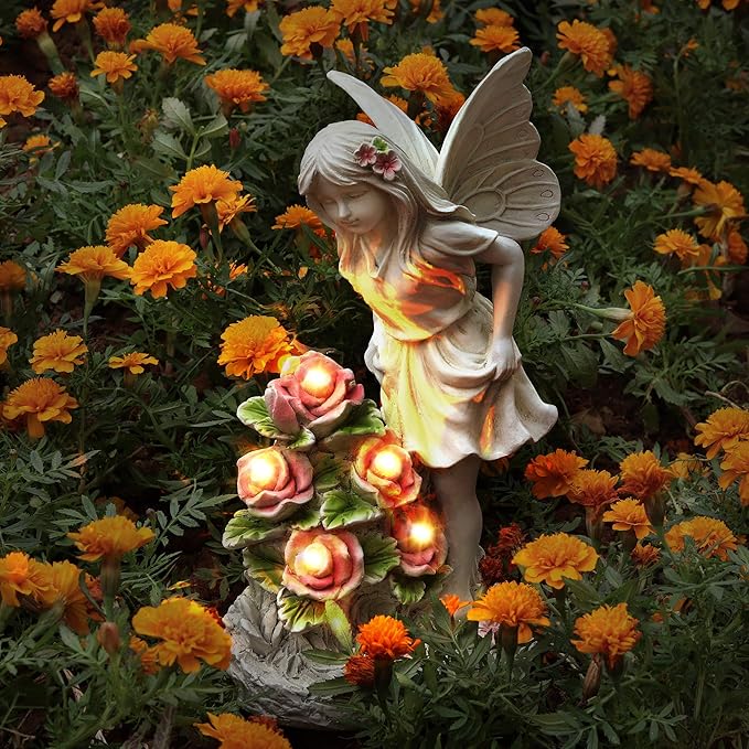 Garden Figurines Angel Garden Statue Outdoor Decor, Solar Powered Resin Sculpture with 5 LEDs Art Decoration for Patio Lawn Yard Porch, Ornament Housewarming Garden Gift, 12.8 x 7.5 x 6.1 Inch-VerdiqueGarden
