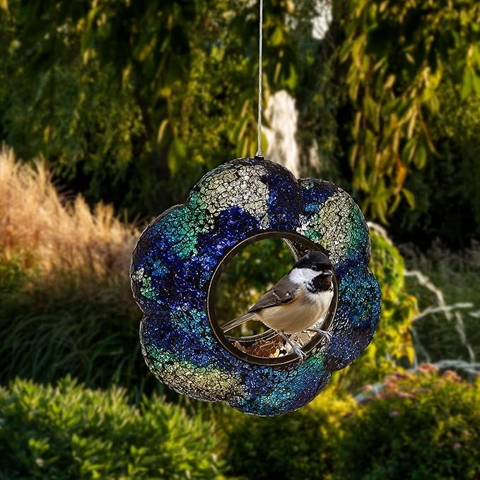 Sunnydaze 10-Inch Glass Mosaic Hanging Bird Feeder for Outdoors - Fly-Through Wild Bird Feeder - Indigo Flower Mosaic-VerdiqueGarden