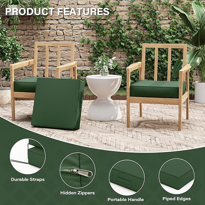 Patio Chair Cushions 19 X 19 X 4 Inch Waterproof Outdoor Seat Cushions for Patio Furniture, Outdoor Sofa Couch Pads with Ties & Handle, Set of 2, Green-VerdiqueGarden