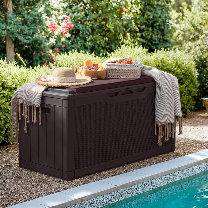 Greesum 100 Gallon Resin Deck Box Large Outdoor Storage with Cushions for Patio Furniture, Garden Tools, Pool Supplies, Weatherproof and UV Resistant, Lockable, Dark Brown-VerdiqueGarden