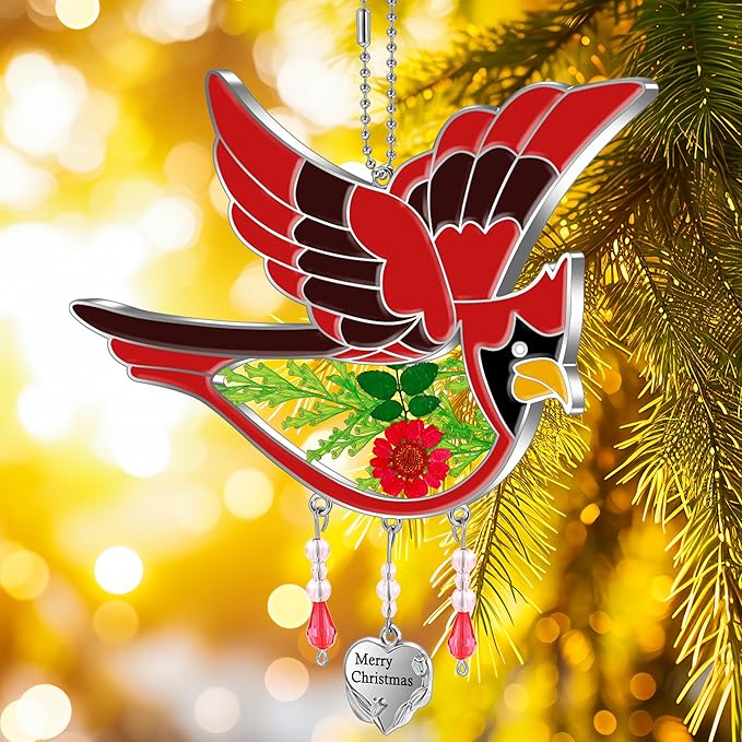 KY&BOSAM Cardinal Suncatcher Merry Christmas Hanging Ornament for Windows Sun Catchers with Pressed Real Flower in Glass and Heart Charm Birthday Gifts for Women Mom Grandma Nana Christmas Day Gifts-VerdiqueGarden