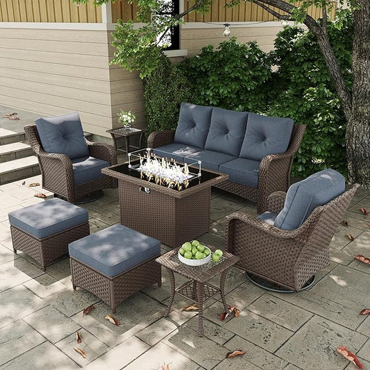 7 Pieces Outdoor Patio Furniture Sets with Rocking Swivel Chairs with 6-inch Thick Cushion and Fire Pit Table for Deck Lawn-VerdiqueGarden
