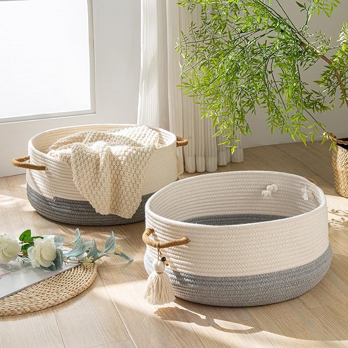 KAKAMAY Woven Baskets for Storage(16"x8"),Blanket Basket for Organizing Living Room,Cotton Rope Basket Woven Baby Laundry Hamper,Collapsible Laundry Room Organization,Clothes,Toy Chest(Grey)-VerdiqueGarden