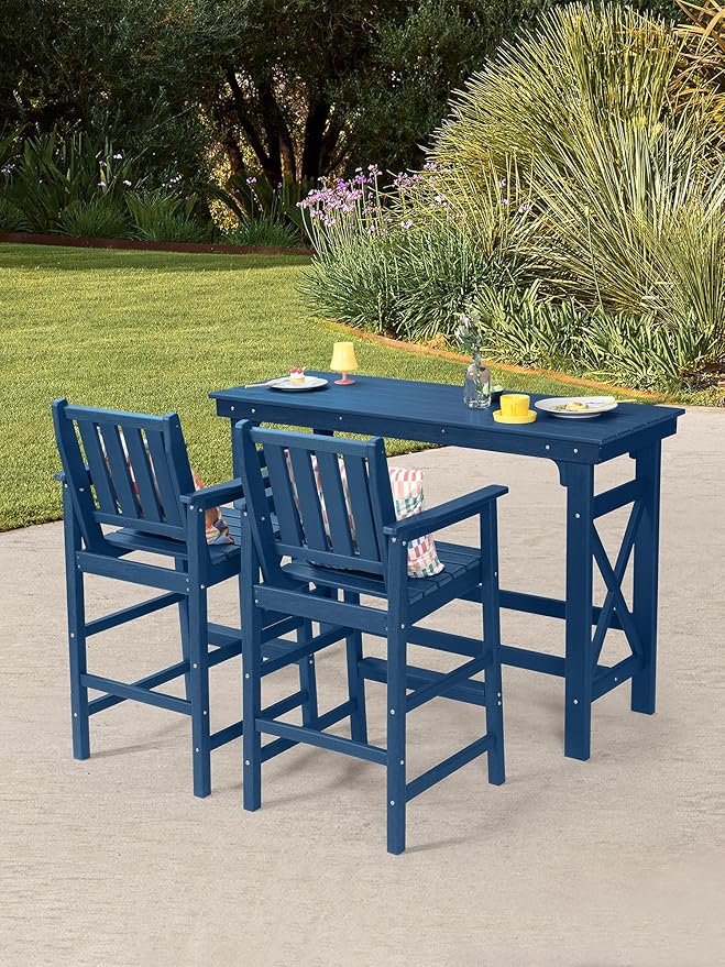 3 Pieces HDPE Outdoor Patio Bar Set, Rectangular Outdoor Bar Height Table and Chairs Set, Adirondack Patio Bar Stools Set, Outdoor Bar Table and Chairs Set for Balcony, Poolside, Porch, Navy-VerdiqueGarden