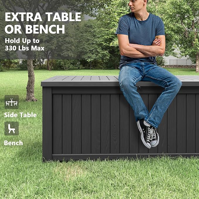 NUNU LAB 180 Gallon Outdoor Storage Box,Large Resin Sturdy Deck Box, Backyard Outside Storage Box Waterproof with Double Wall Panels,Package Delivery Garden Hose Storage Bin Outdoor Tool-VerdiqueGarden