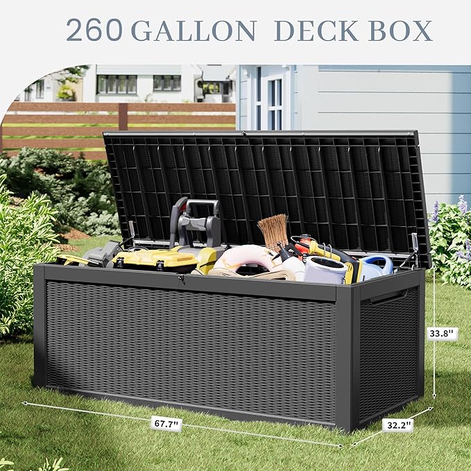 NUNU LAB 260 Gallon Outdoor Storage Box,Resin Large Sturdy Deck Box, Backyard Outside Storage Box Waterproof with Double Wall Panels,Package Delivery Garden Outdoor Hose Bin-VerdiqueGarden