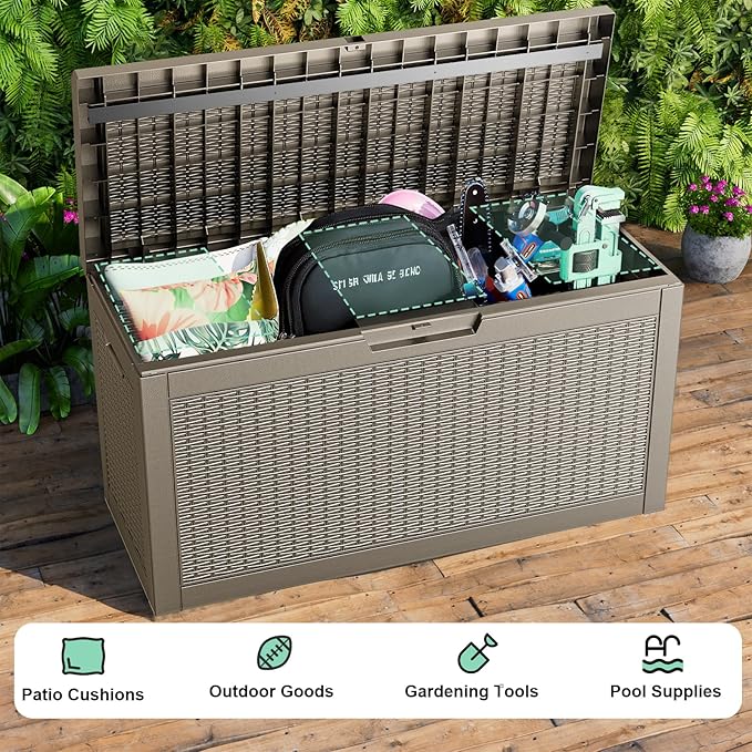 60 Gallon Resin Deck Box, Lockable Outdoor Storage Box for Patio Cushions Storage Furniture,Garden Tools, Pool Supplies, Weatherproof and UV Resistant (Grey Rattan)-VerdiqueGarden