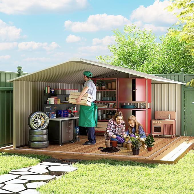 Outsunny 11' x 13' Outdoor Storage Shed, Garden Tool Metal Shed with Foundation Kit, Double Lockable Door, Air Vents and Sloping Roof, for Backyard, Patio, Lawn, Light Gray-VerdiqueGarden