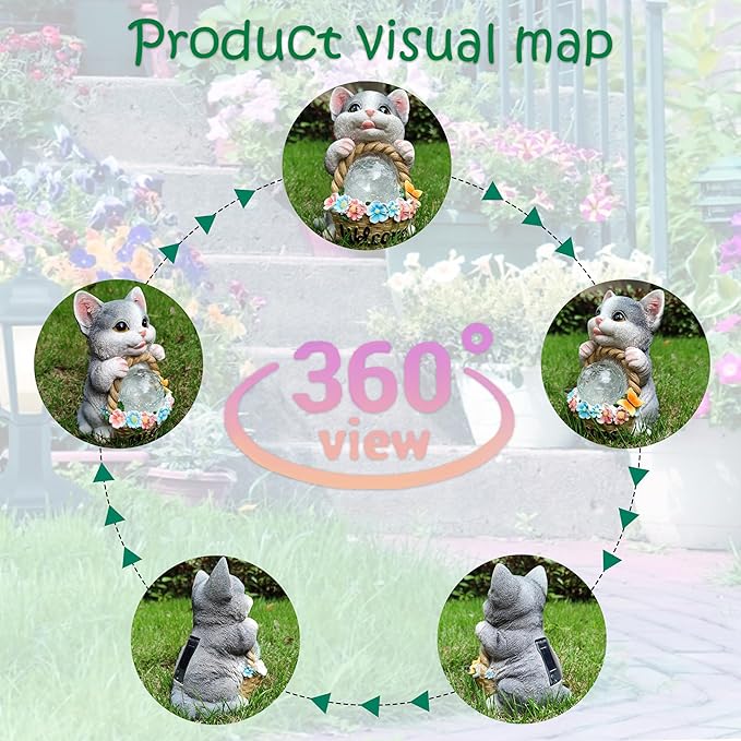 Solar Cat Garden Outdoor Statues,Resin Cat Figurine Carrying Flower Basket and Magic Orb with Solar LED Lights, Lawn Decor Outdoor Statue for Patio, Balcony, Yard Ornament,Gifts for Mom-VerdiqueGarden