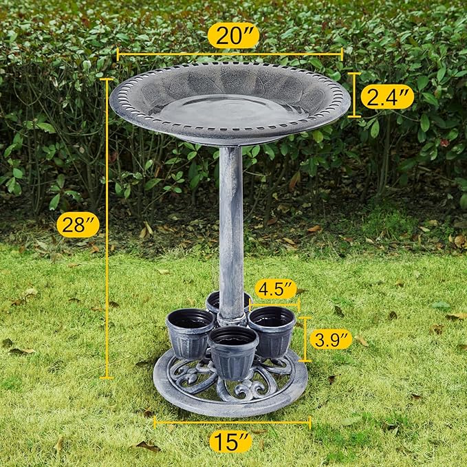 Bird Bath for Outside with 4 Removable Flower Planters 28in Polyresin Lightweight Vintage Birdbath for Outdoors Stake Standing Bowl and Water Feeder Yard Garden Decor Gray-VerdiqueGarden