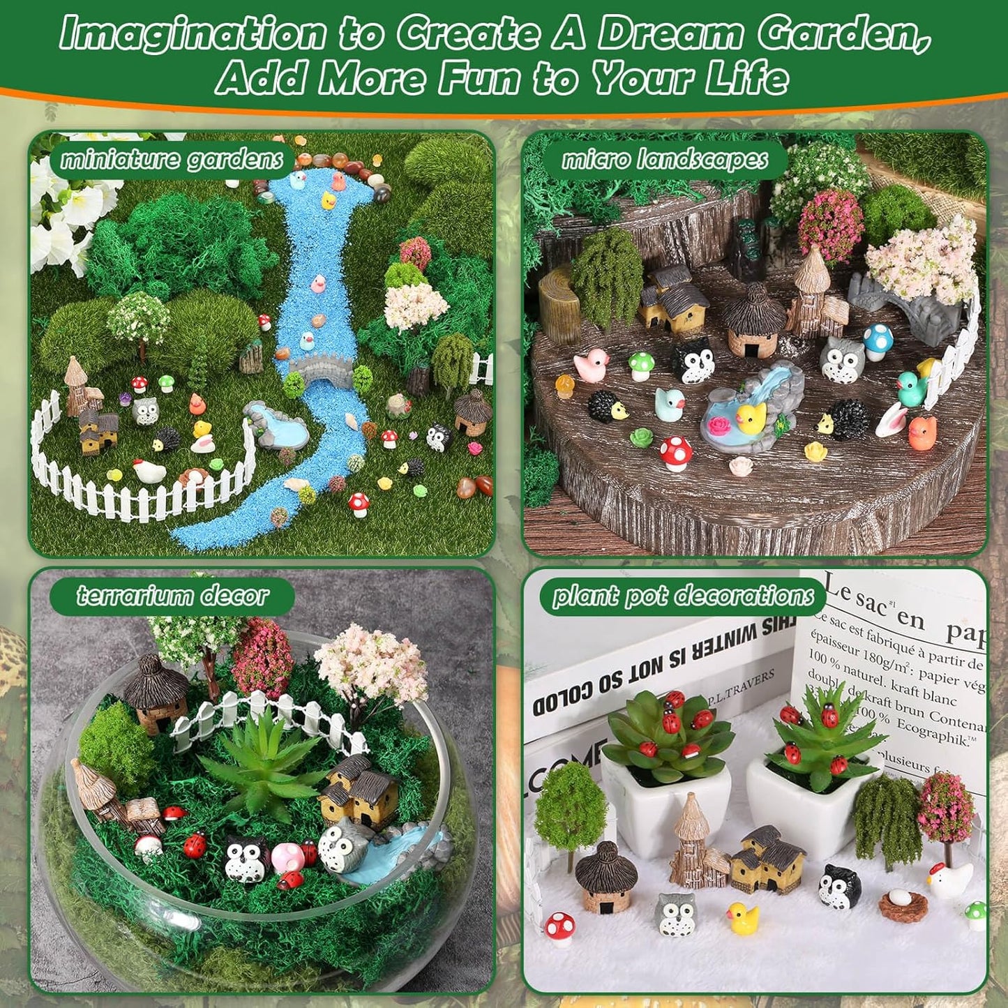 Thrilez 210 Pieces Miniature Fairy Garden Accessories, Including Resin Animals, Miniature Figurines, Micro Landscape Ornaments Kit, Fake Diorama Trees for Fairy Garden Decor-VerdiqueGarden