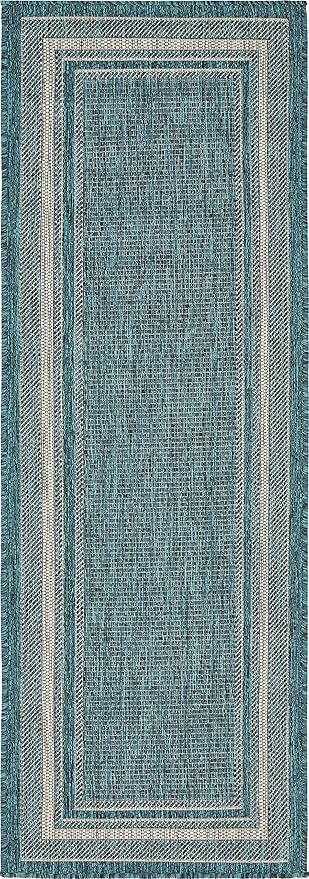 Unique Loom Outdoor Border Collection Area Rug - Soft Border (2'x 6' 1" Runner, Teal/ Ivory)-VerdiqueGarden
