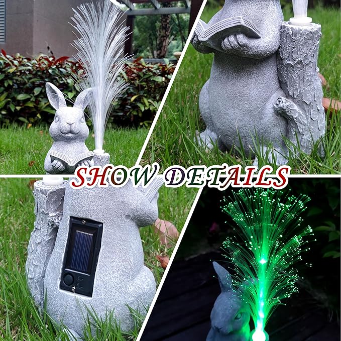 Rabbit Solar Garden Statues,Resin Rabbit Figurine Reading a Book and 7-Color Changing Optical Fiber with Solar Lights, Lawn Decor Outdoor Statue for Patio,Balcony,Yard,Lawn Ornament-VerdiqueGarden