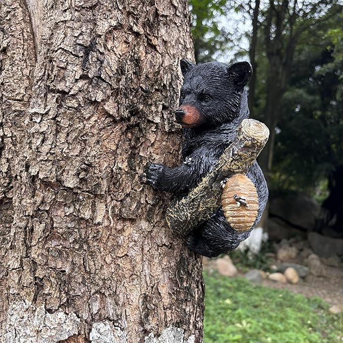 Black Bear Cub Tree Hugger Decor Outdoor Sculpture, Baby Bear Hanging Up a Tree Statue Garden Peeker, Adorable Cute Resin Tree Hugger Bear Face for Gifts and Garden Decor-VerdiqueGarden