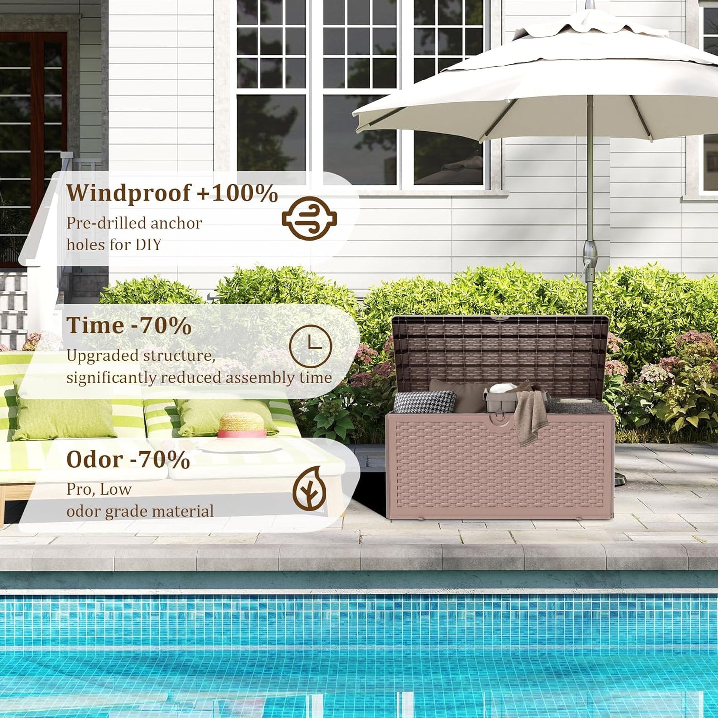 80 Gallon Pro Resin Deck Box, Waterproof Outdoor Storage Bin for Patio, Poolside, and Garden, Lockable & UV-Resistant,Brown-VerdiqueGarden
