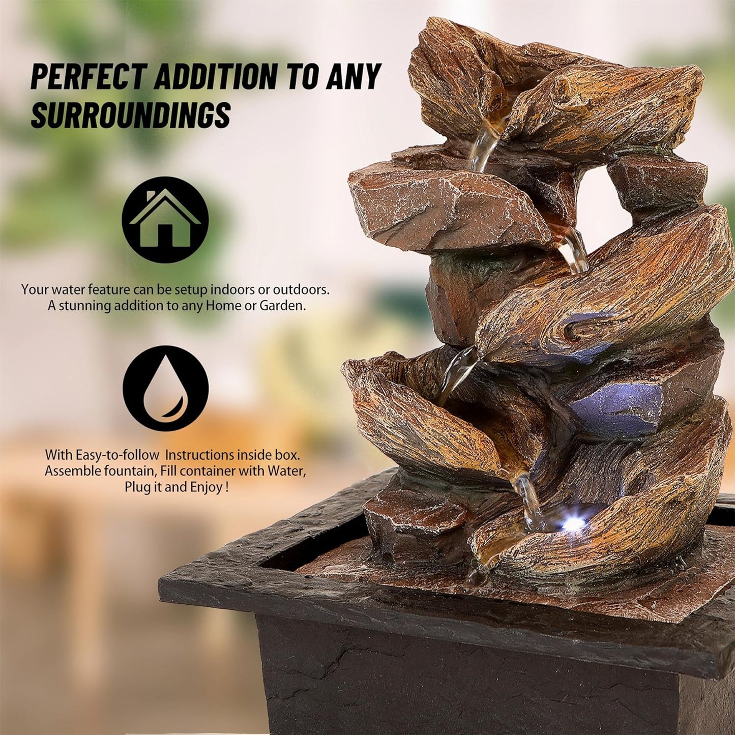 Father'sDen Collection 11-inch Waterfall Fountain Indoor - Tabletop Water Fountain - Indoor Fountains and Waterfalls with Soothing Sounds & In-Pot LED Light Enhancement-VerdiqueGarden