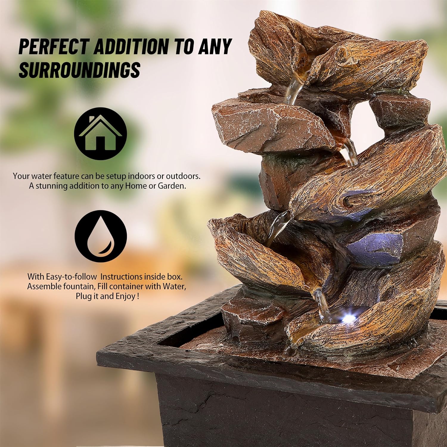 Father'sDen Collection 11-inch Waterfall Fountain Indoor - Tabletop Water Fountain - Indoor Fountains and Waterfalls with Soothing Sounds & In-Pot LED Light Enhancement-VerdiqueGarden