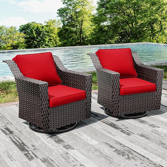 Joyside Swivel Patio Chairs Set of 2, Wicker Patio Furniture with Wide Armrest and Thick Cushions, Upgraded Large Size for Backyard, Garden, Poolside-VerdiqueGarden