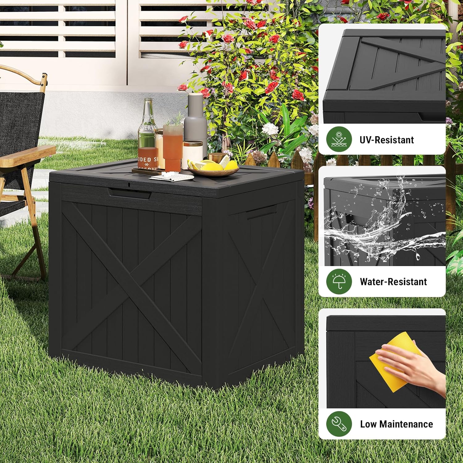 Mars Villa 31 Gallon Deck Box, Outdoor Storage Box Waterproof, Outside Resin Storage Bin for Outdoor Patio Furniture Cushions, Pool Supplies, Garden Tools, UV-Resistant and Weatherproof, Black Barn-VerdiqueGarden
