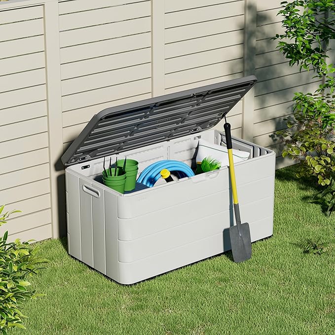 Heavy-Duty 100 Gallon Outdoor Storage Box - Waterproof Deck Box & Large Storage Bin for Patio/Pool, All-Weather Resin Chest with Lock, UV-Resistant, Alpine White-VerdiqueGarden