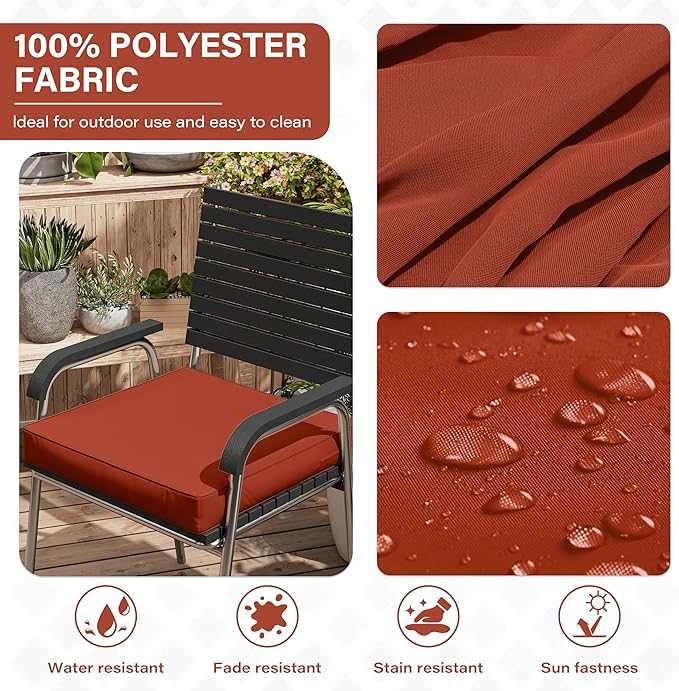 Patio Chair Cushions 17 X 16 X 3 Inch Waterproof Outdoor Seat Cushions for Patio Furniture, Outdoor Sofa Couch Pads with Ties & Handle, Set of 2, Terra Red-VerdiqueGarden