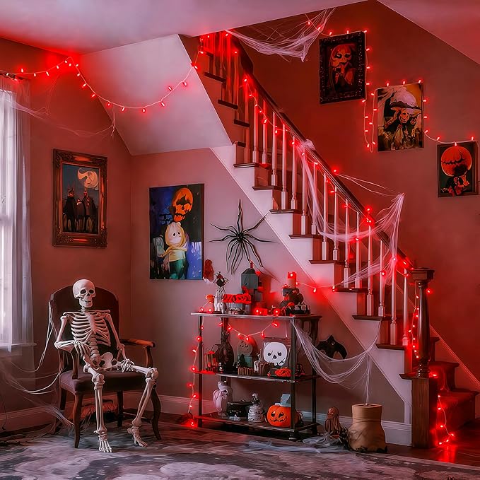 JMEXSUSS 33ft 100 LED Red Halloween Lights, 8 Modes Room String Light Indoor Plug-in, Clear Wire Red Christmas Lights Outdoor Waterproof for Halloween Bedroom, Party-VerdiqueGarden