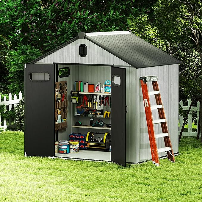 Domi 8x6FT Outdoor Resin Storage Shed with Transparent Windows & Louvered Vents, Plastic Tool Shed with Double Lockable Doors & Gable Roof, Outside Garden Shed for Backyard, Patio, Lawn, Grey-VerdiqueGarden